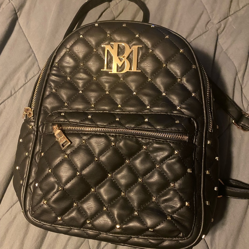 MB Logo black faux leather backpack bag with gold studs